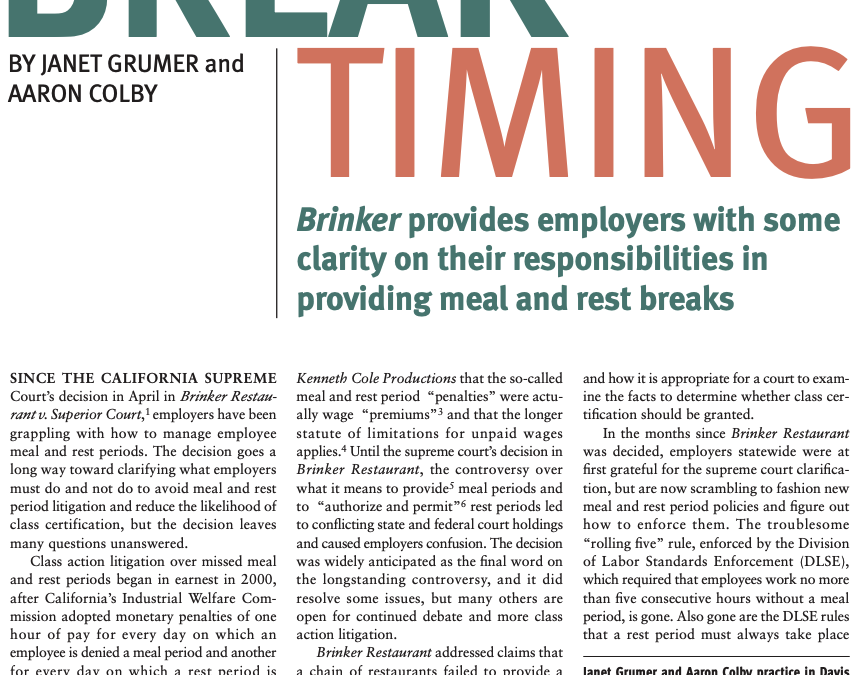 Aaron Colby Published in Los Angeles Lawyer about Employee Breaks