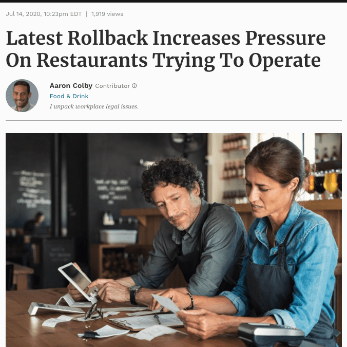 Aaron Colby Published on Forbes.com about Restaurants Operating During the Pandemic