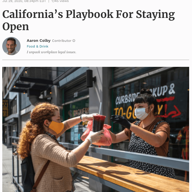 Aaron Colby Published on Forbes.com about California’s Reopening Guidelines During the Pandemic