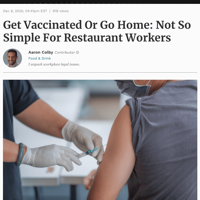 Aaron Colby Published on Forbes.com about COVID-19 Vaccines and Employees
