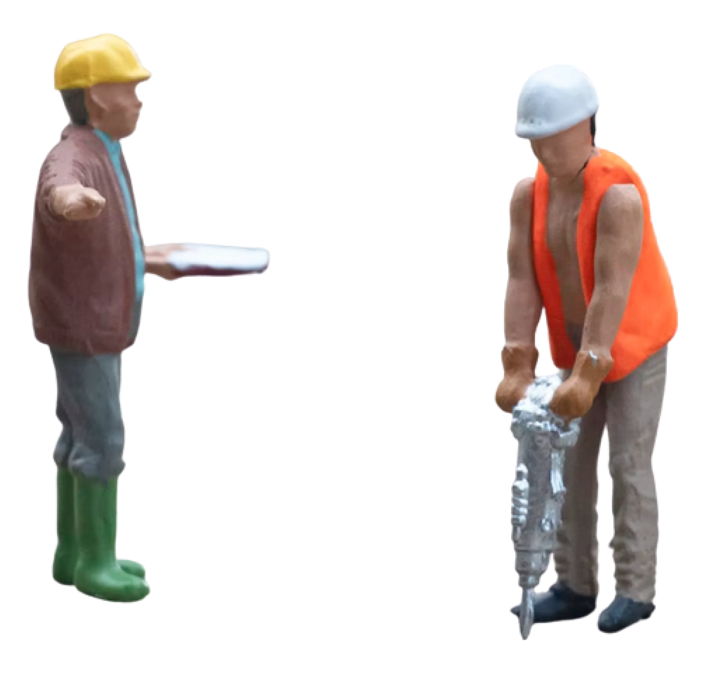 Two figurines of a construction worker and a construction worker.