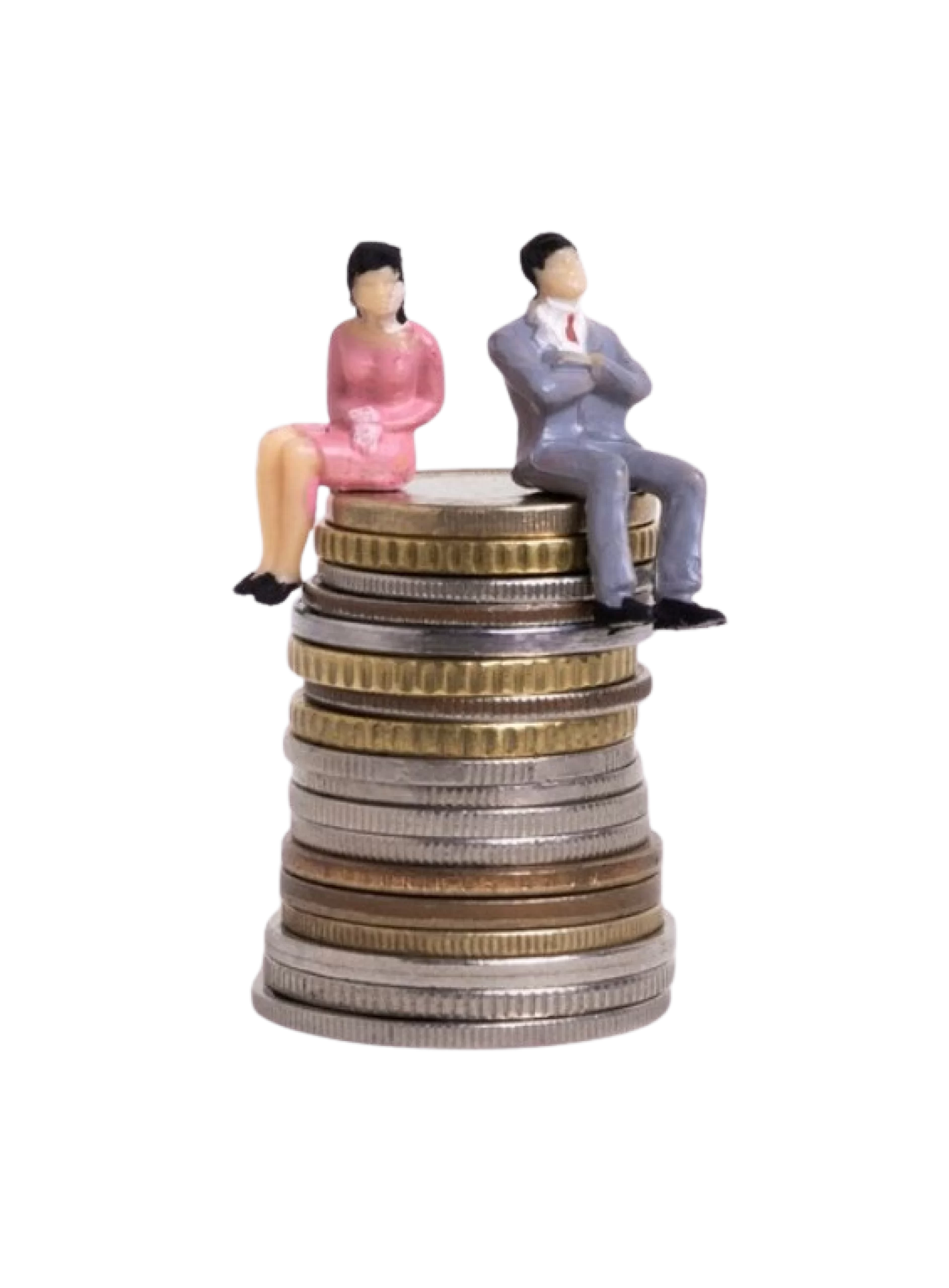 Two figurines sitting on top of a stack of coins.