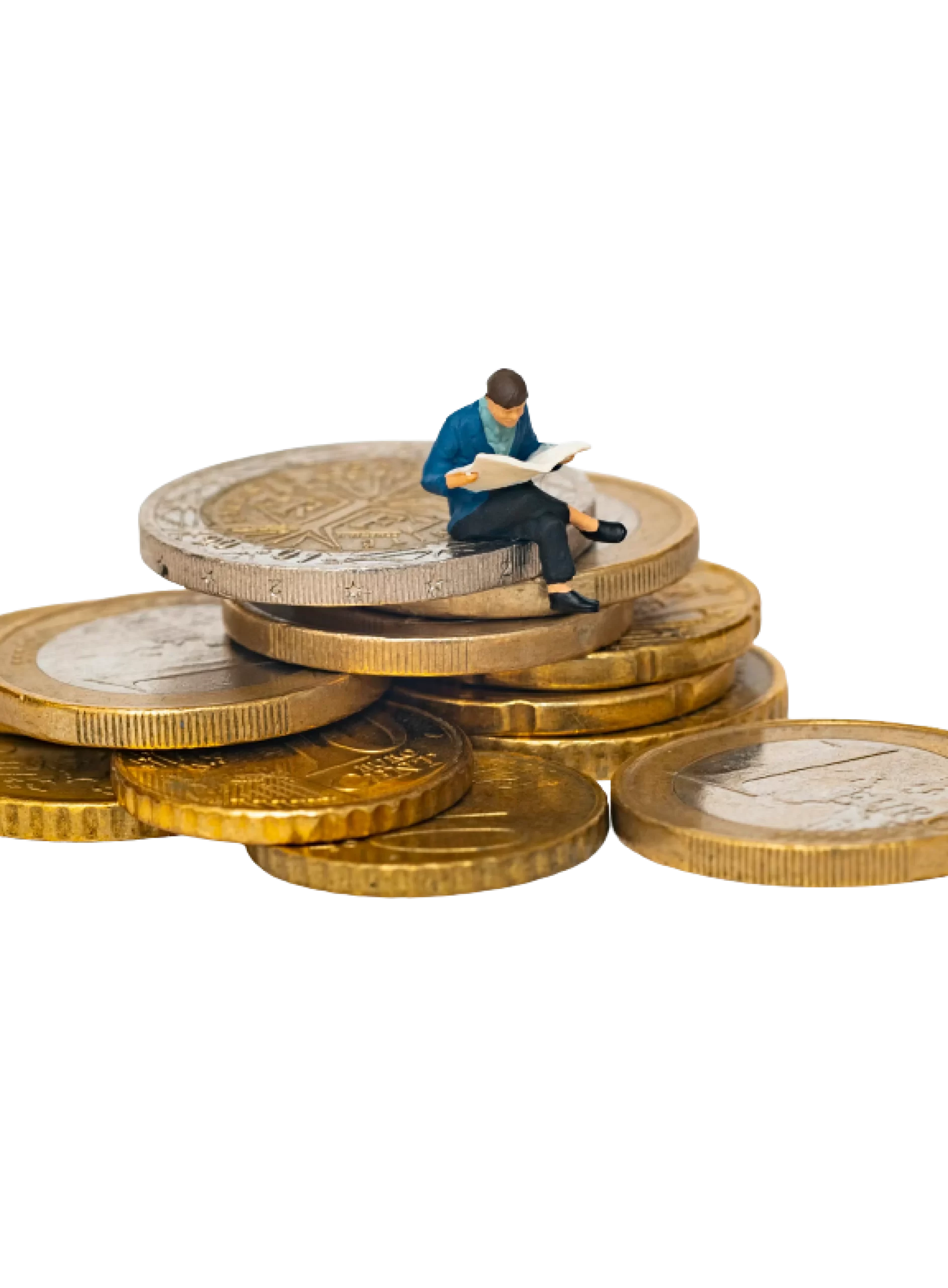 A man sitting on top of a stack of coins.
