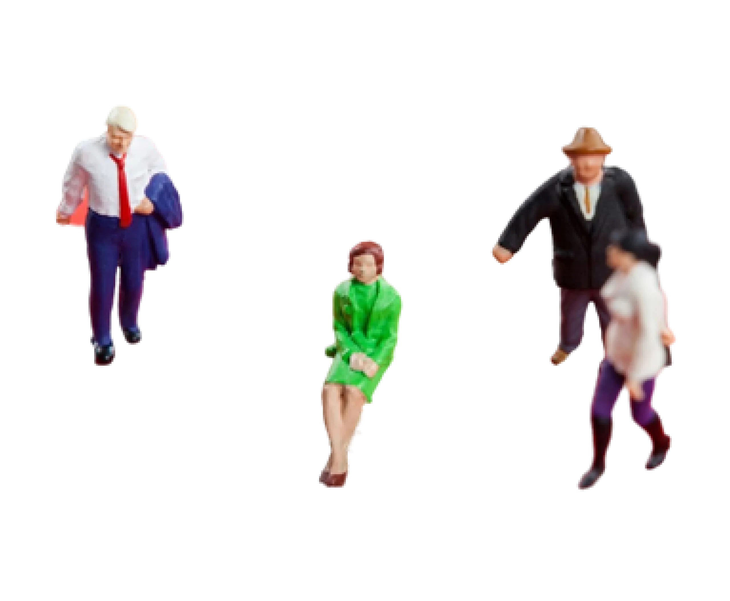 Miniature figures of people walking in different directions on a white background.