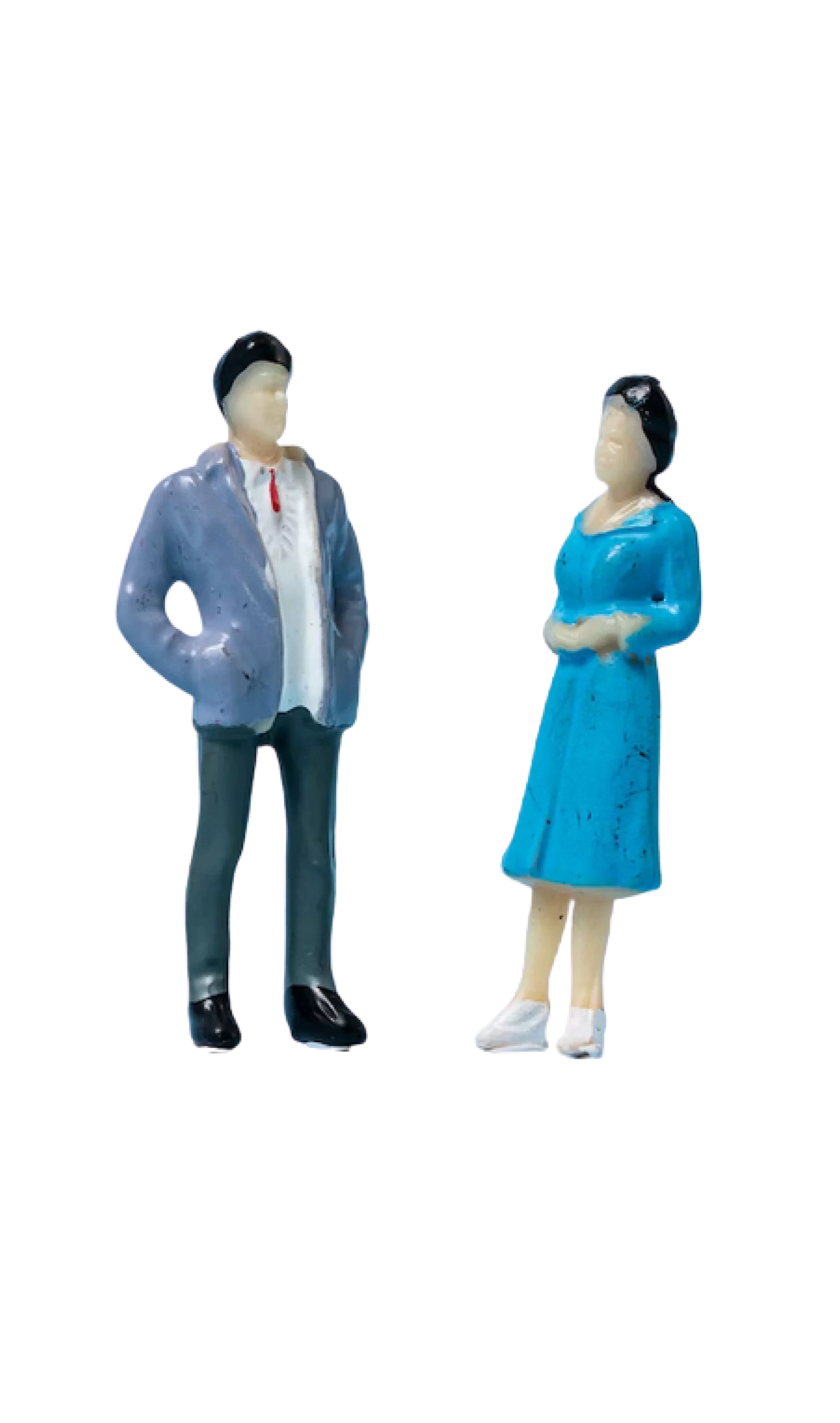 Two miniature figurines depicting a man and a woman in conversation, set against a black background.
