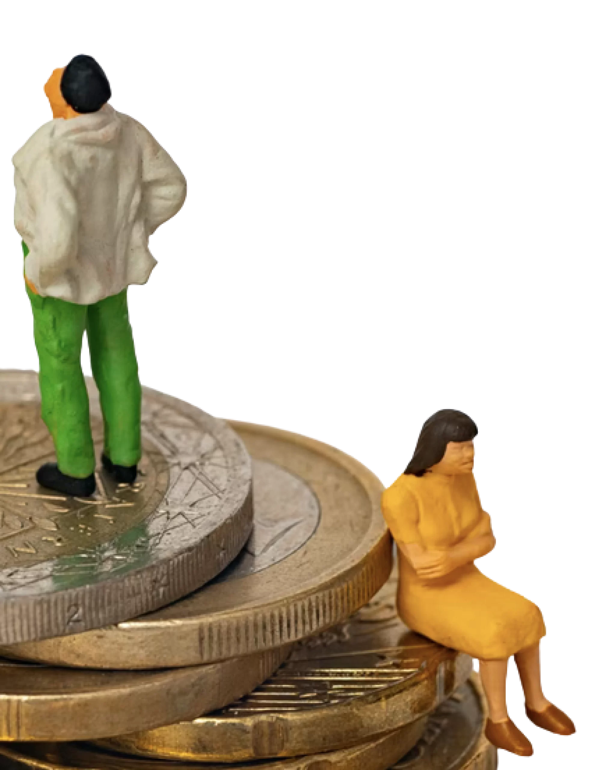 A man and woman standing on top of a stack of coins.