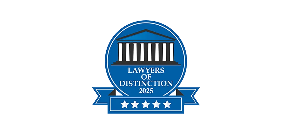 Blue and white logo with a classical building, text "Lawyers of Distinction 2025," and five stars below.