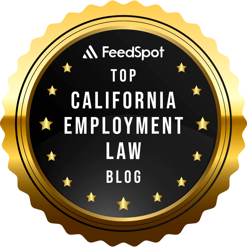 A gold and black badge reads: "FeedSpot Top California Employment Law Blog" with stars around the border.