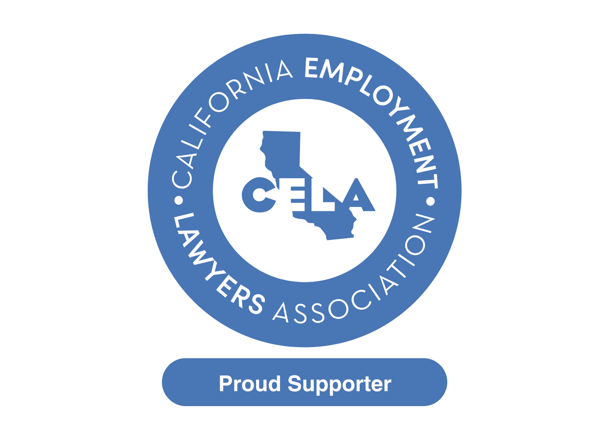 Blue circular logo for the California Employment Lawyers Association with a state outline and "Proud Supporter" text below.