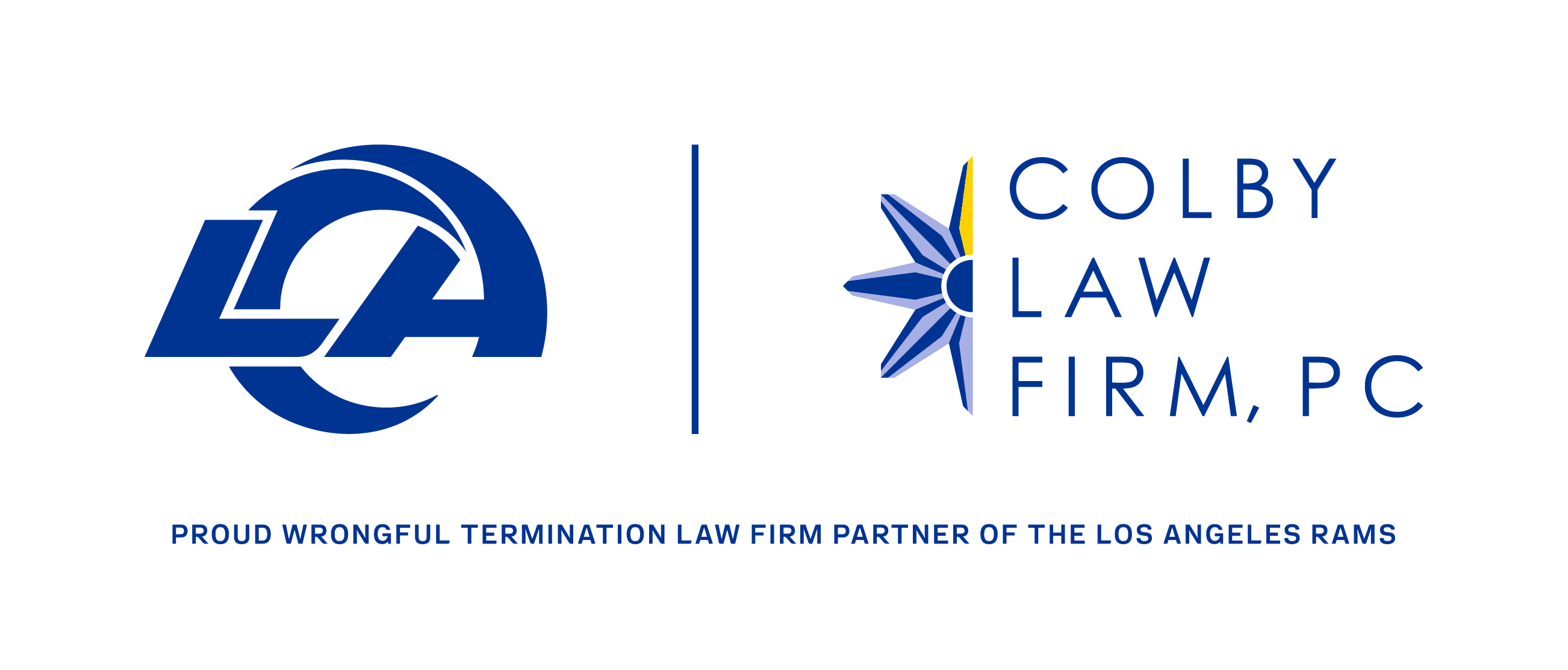 ColbyLaw_LAR_monogram_royal_des_horz_RGB Los Angeles Rams logo and Colby Law Firm, PC logo side by side, with text stating the firm is a wrongful termination law partner of the Rams.