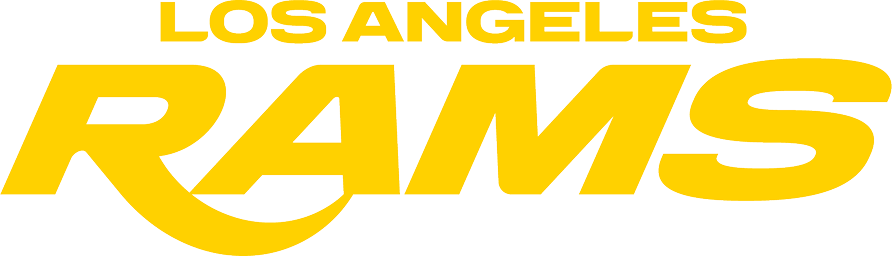 Yellow text reads “Los Angeles Rams” with “Rams” in large bold letters and “Los Angeles” above in smaller font, on a light background.
